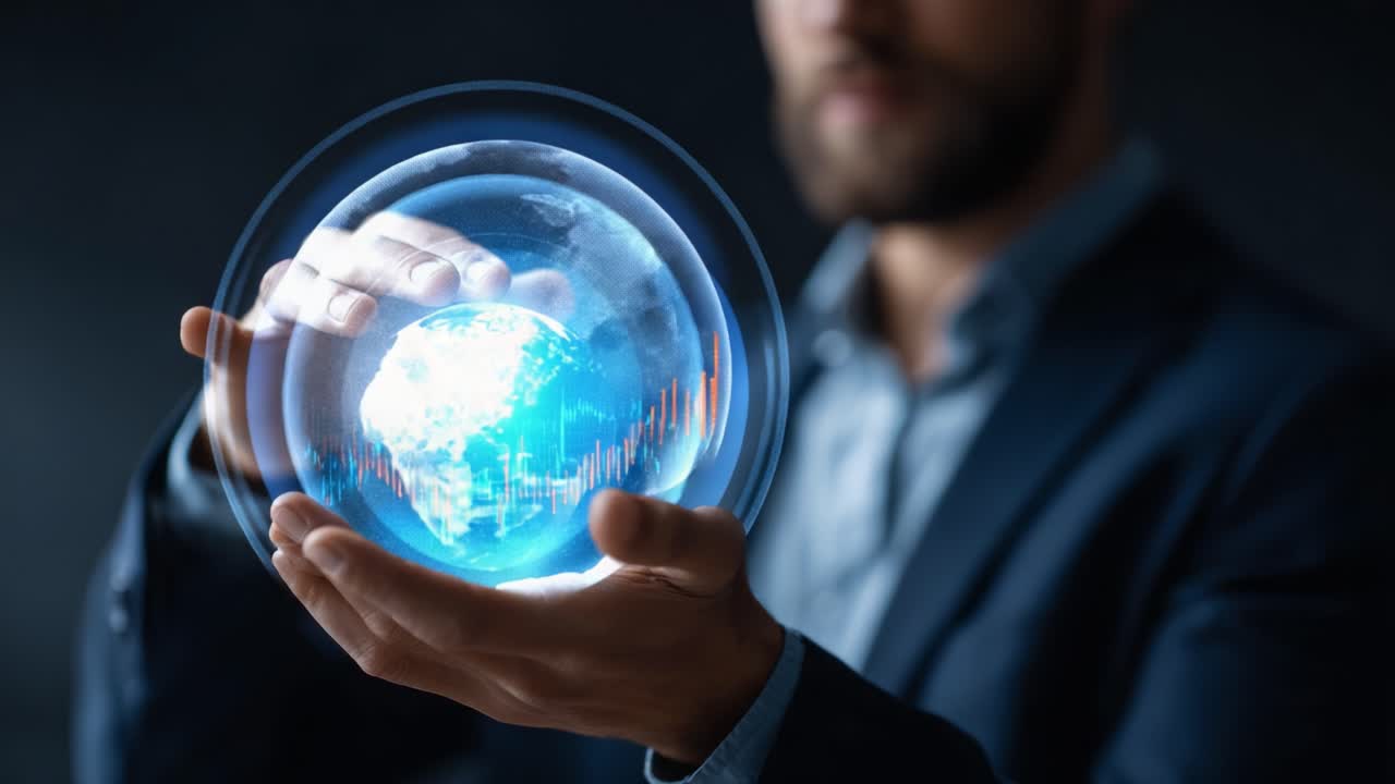 A Futuristic Visionary Holding a Holographic Globe with Data Visualization: Merging Technology and Global Insight for Progression and Understanding