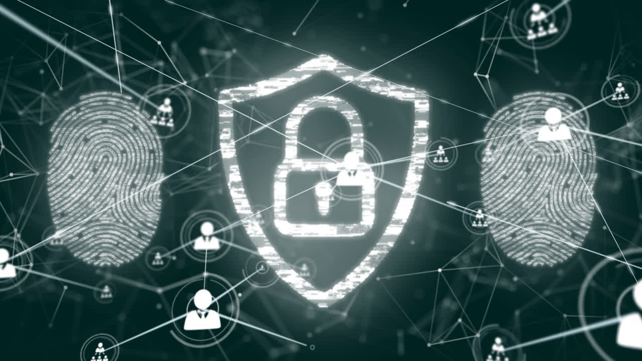 Animation of padlock, biometric fingerprint, network of connections with icons and data processing