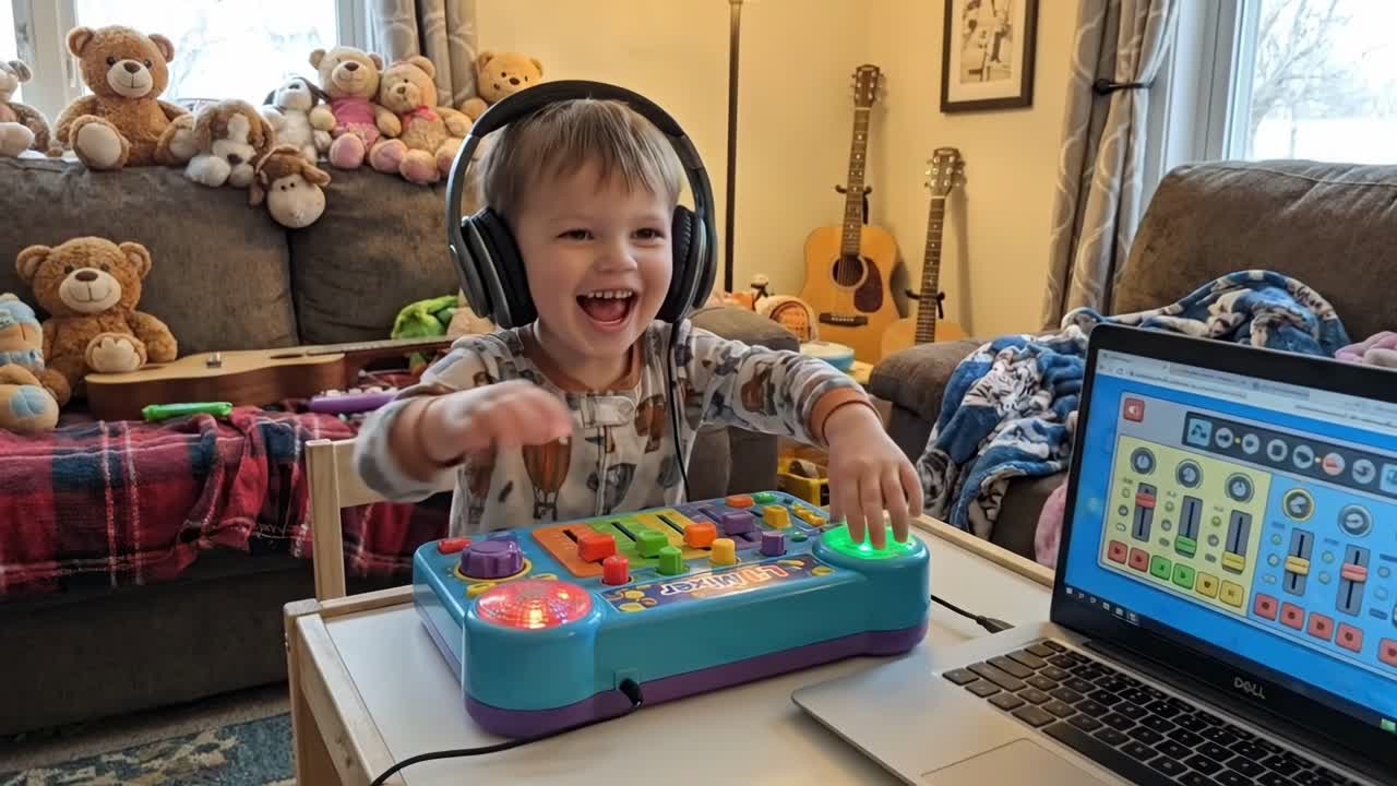 Radosny, młody chłopak bawiący się zabawką – mikserem DJ i słuchawkami