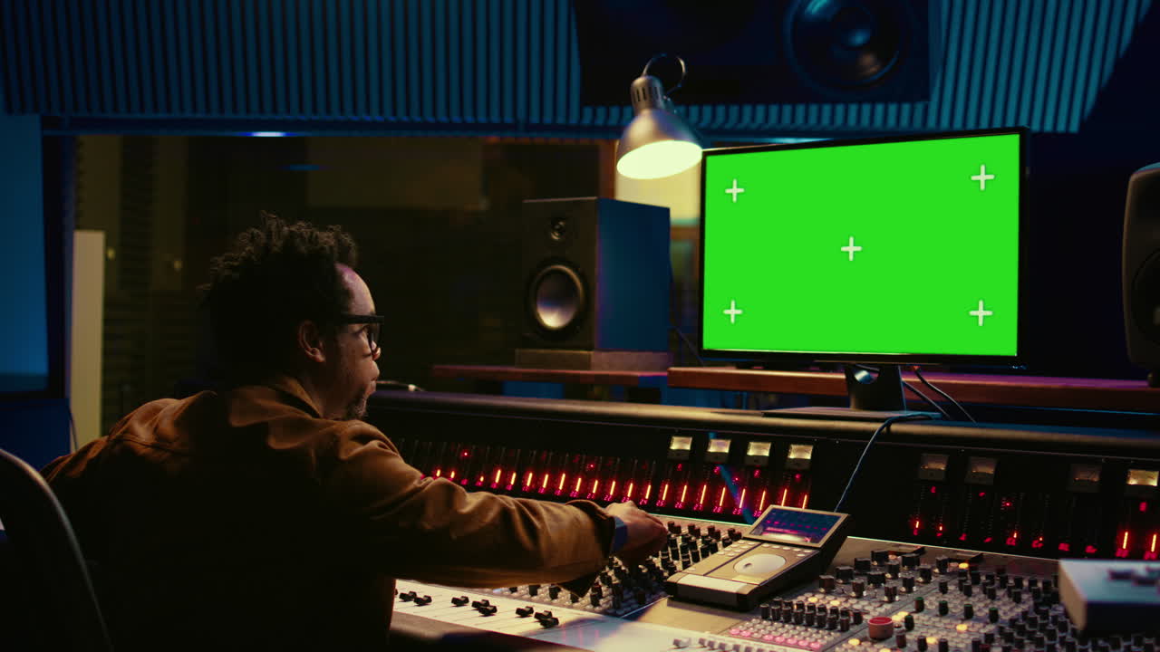 Tecnico audio lavora sulla post-produzione musicale con schermo verde nella sala di controllo