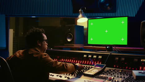 Audio-technician-works-on-music-post-production-with-greenscreen-in-control-room