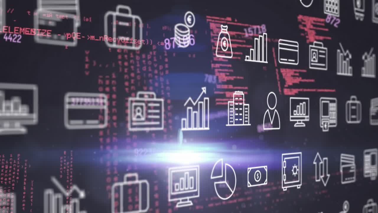 animación de múltiples números cambiantes e iconos digitales sobre el procesamiento de datos y el punto de luz.