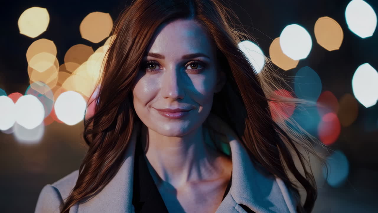 Elegant woman portrait at night with city lights bokeh