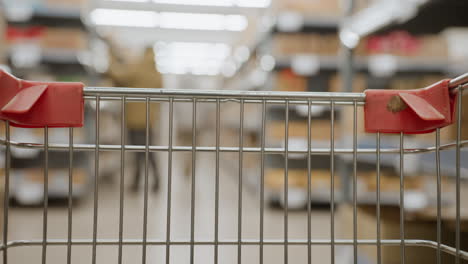 trolley with red corners rolls down brightly lit supermarket aisle, wire grid foreground framing shelves of packed goods fading into blur, suggesting bustling shopping energy ahead