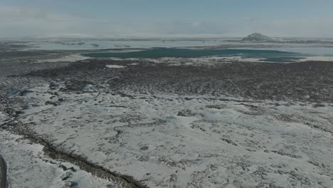 frigid tundra landscape of iceland in the wintertime - aerial view