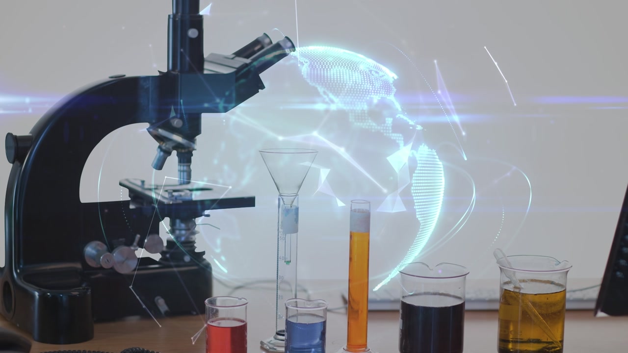 Animation of network of connections with globe over lab