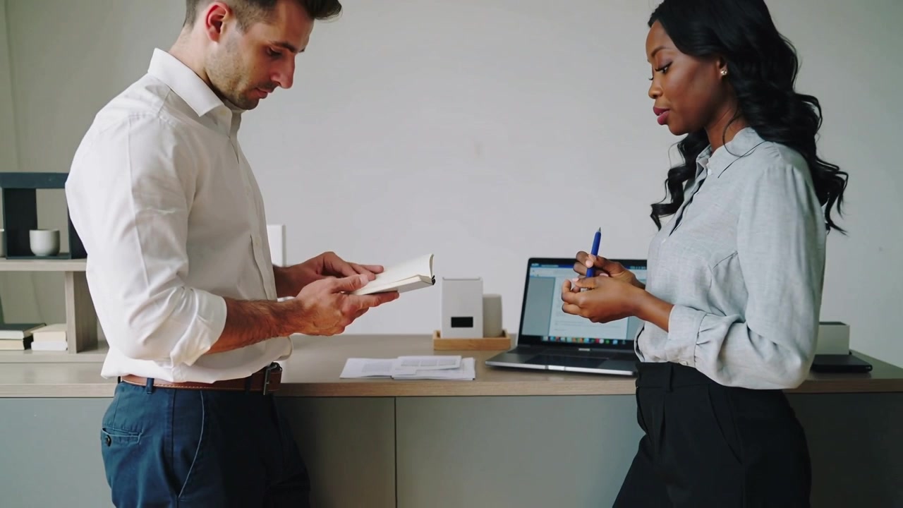 Flipping notebook, colleagues reviewing notes at counter, one pointing with blue pen in work attire