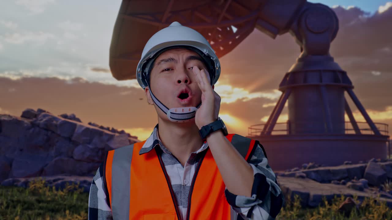 Close Up Of Asian Male Engineer With Safety Helmet Yelling With Hand Over Mouth While Standing With Large Satellite Dish