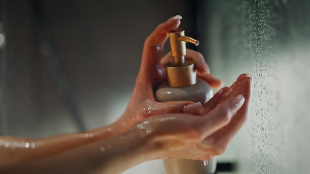 Mani sotto la doccia che versano lo shampoo in una sala spa, primo piano. Signora in piedi nella cabina doccia.