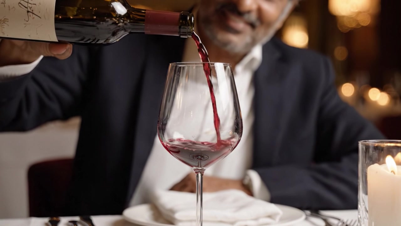 Una Experiencia Vinícola Sofisticada: Sirviendo Vino Tinto con Elegancia en una Copa en un Restaurante de Alta Cocina, Capturando un Momento de Disfrute Culinario
