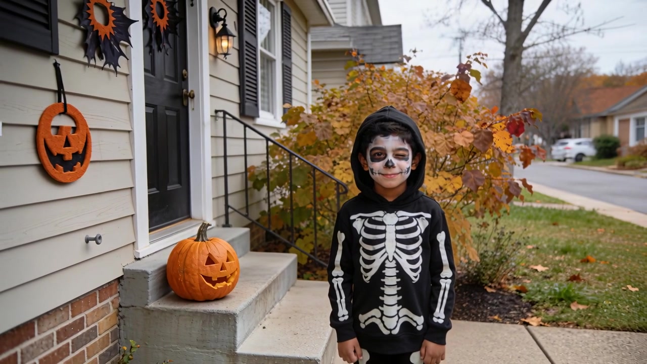 Giovane ragazzo in costume da scheletro che fa l'occhiolino ad Halloween