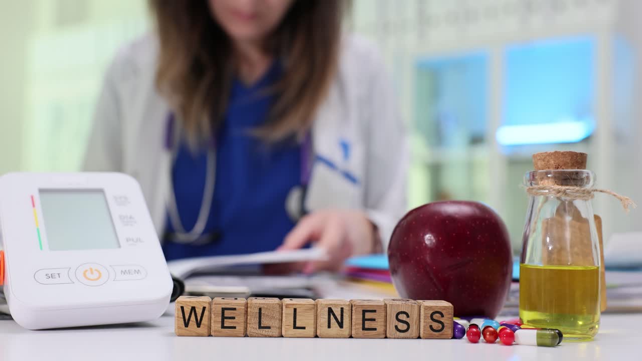 Holzklötze bilden das Wort „Wellness“ auf einem Arztschreibtisch mit verschiedenen Gegenständen.