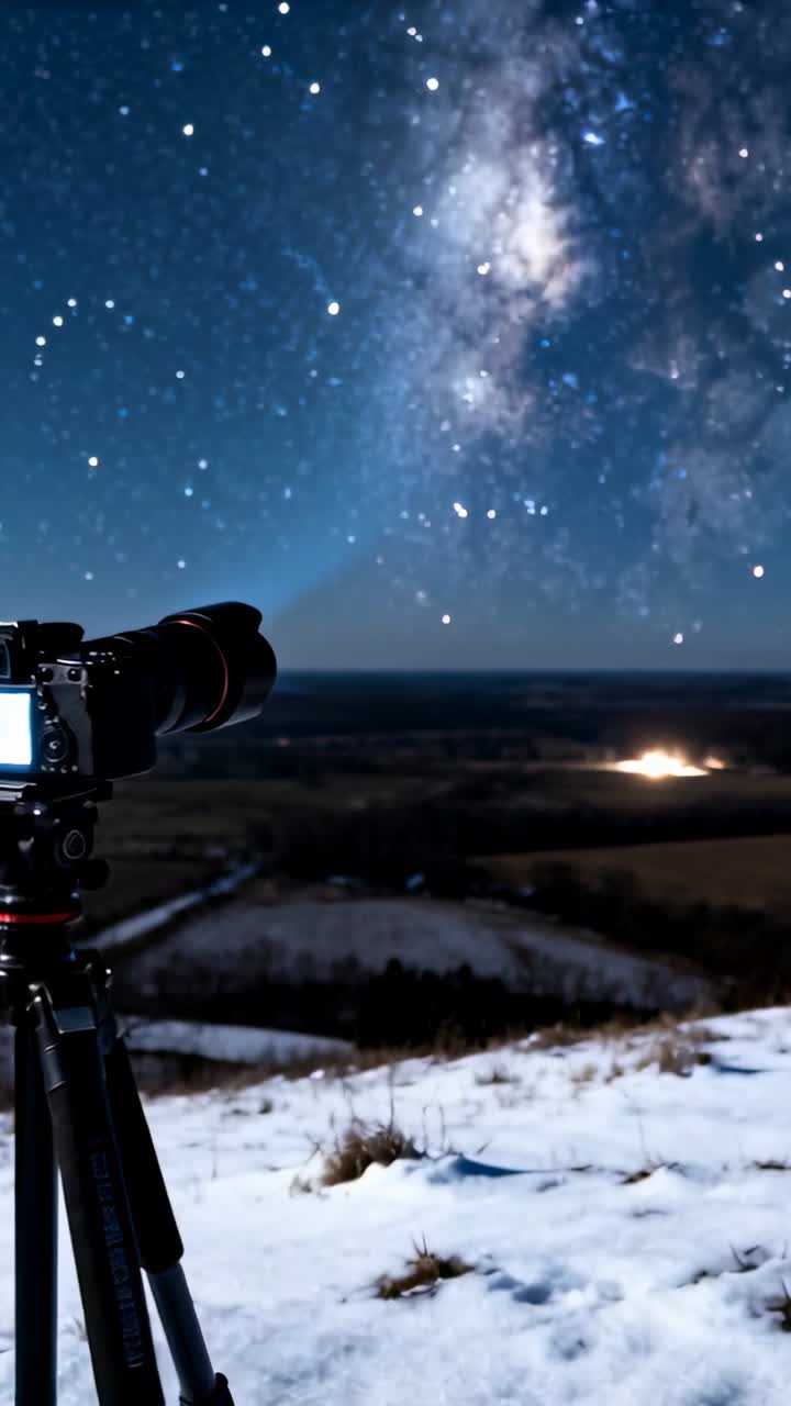 Video verticale: Timer che attiva la fotocamera su treppiede per una ripresa teleobiettivo della Via Lattea sulla neve, LCD posteriore, spazio copia.