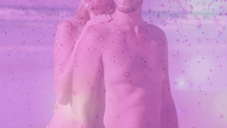 at beach, people surrounded by purple bubbles animation in relaxing scene