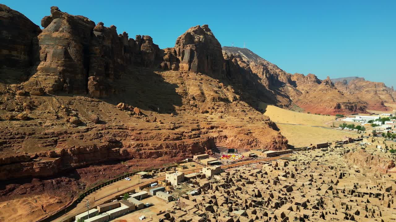 Drone shot archaeological site of ancient city remains in desert