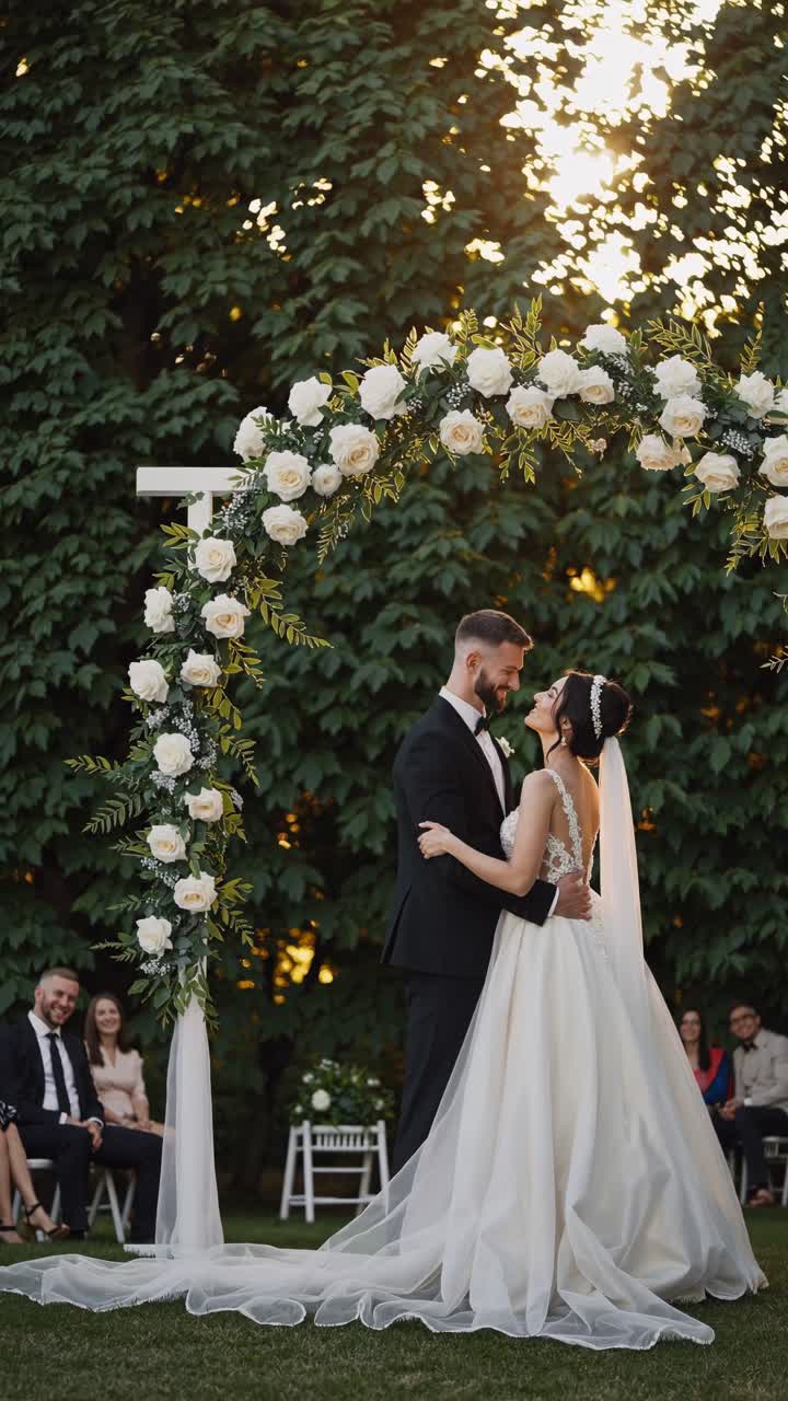 Scena di matrimonio romantica con una coppia sotto un arco floreale.