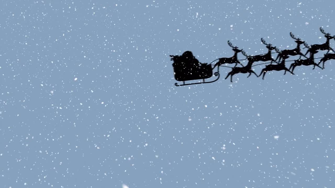 Animation of snow falling over santa claus in sleigh with reindeer