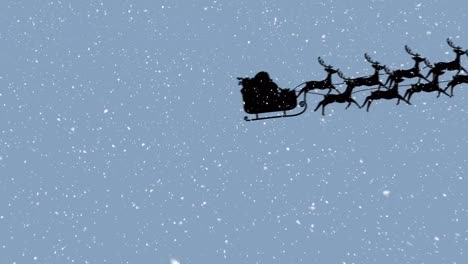 animation of snow falling over santa claus in sleigh with reindeer