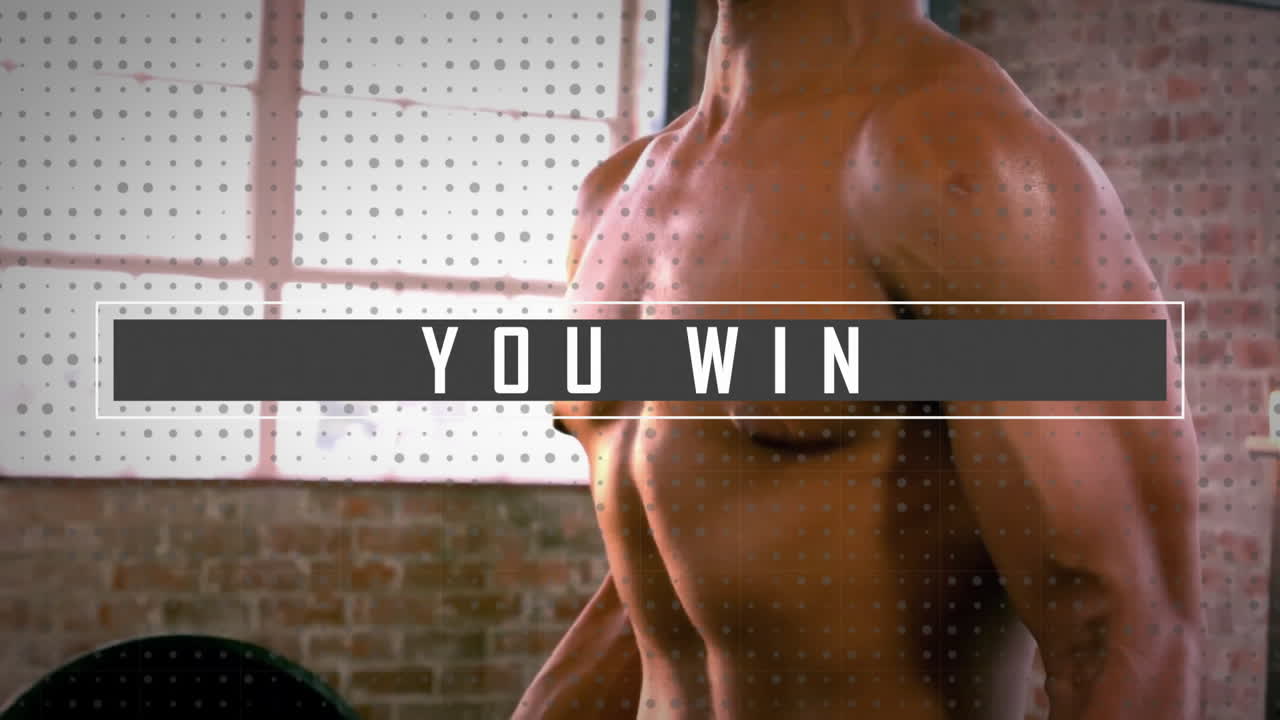 animación de caucásico hombre en forma fuerte ejercicio y usted gana texto, procesamiento de datos