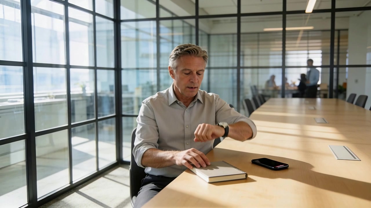 Waiting for meeting man in gray shirt checking watch and smoothing notebook at boardroom, phone