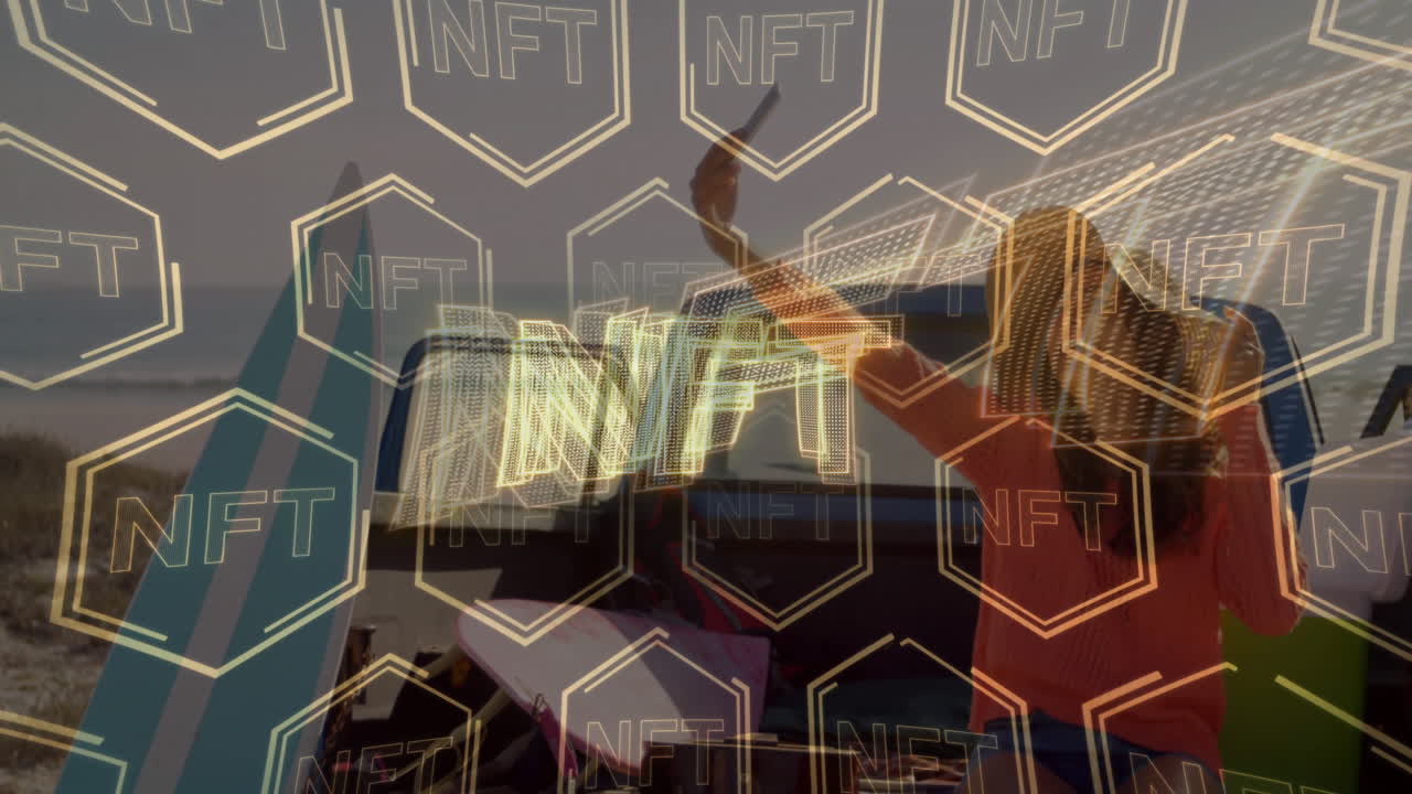 NFT text animation over person taking selfie near car on beach