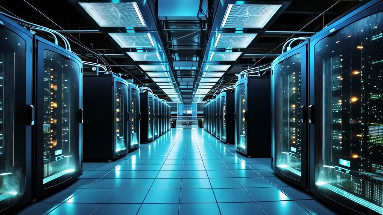 Futuristic server room with glowing blue lights, captured from a low-angle perspective