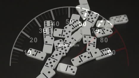 animating speedometer over scattered dominoes on black background