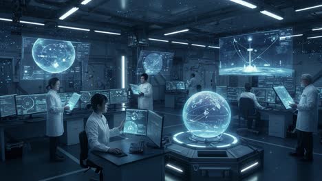 advanced research laboratory showcasing futuristic technology with scientists monitoring holographic displays and interactive data in a high-tech environment