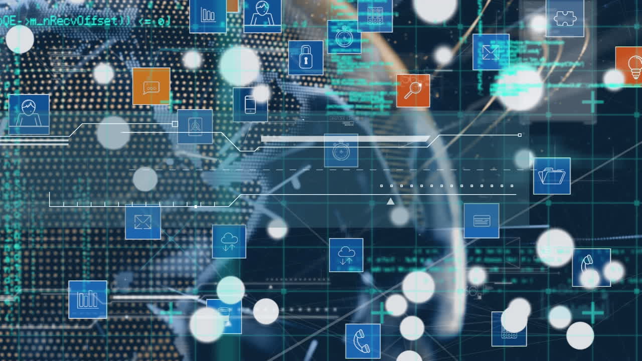 animación digital de múltiples iconos digitales en todo el mundo y procesamiento de datos en fondo azul