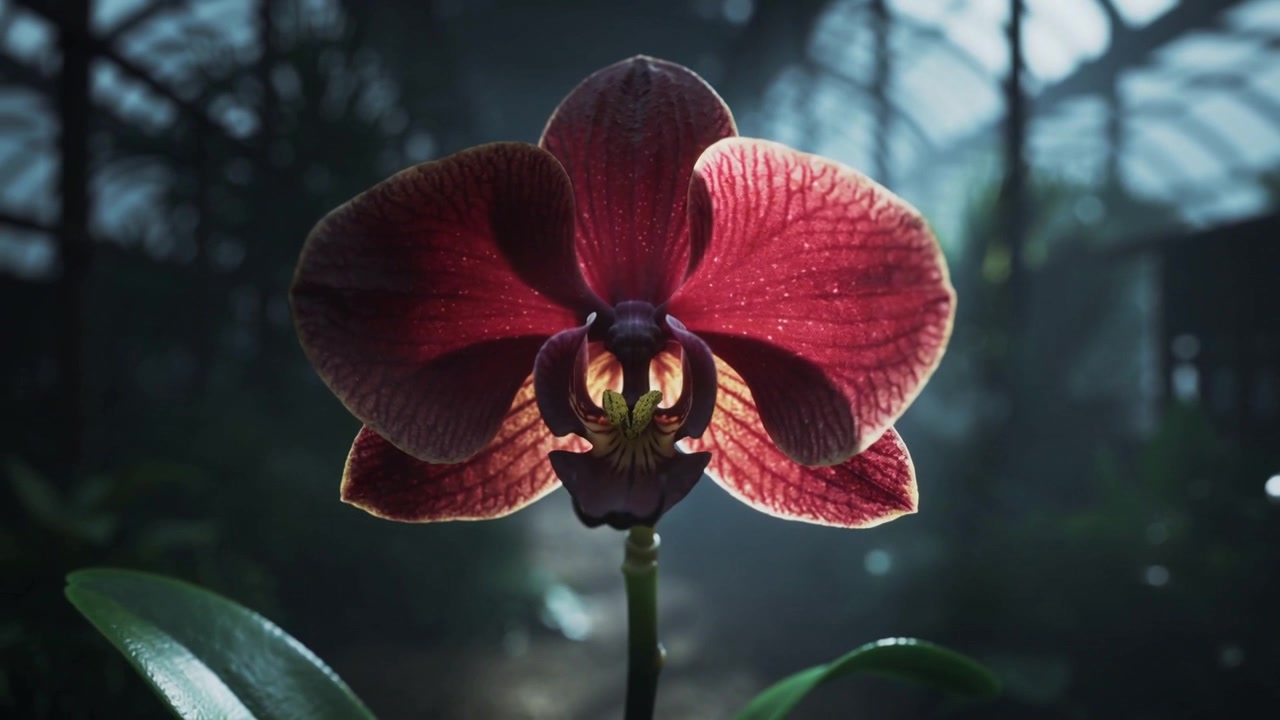 Una telecamera in movimento avvicina un singolo fiore di orchidea rosso scuro in serra, rivelando venature rugiadose.