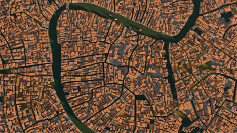 3d animation showing an aerial shot zooming out to show boats going through the canals of venice