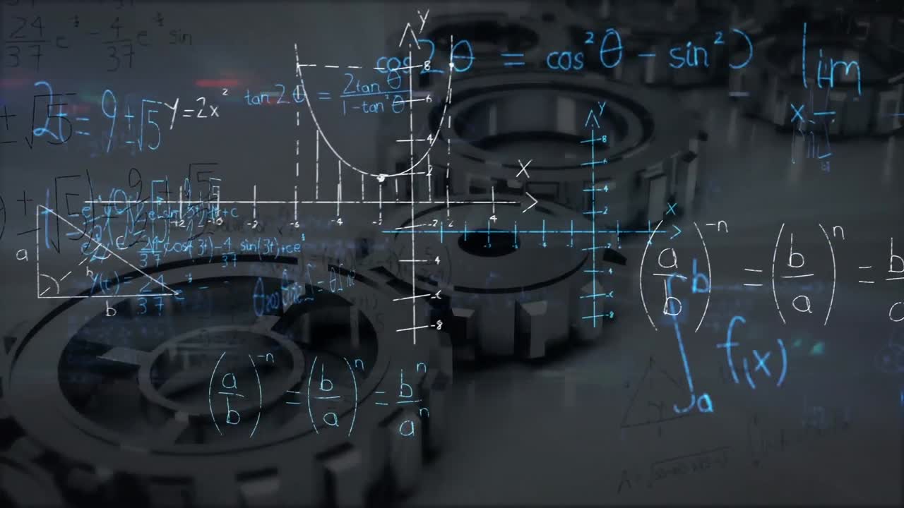 animación de ecuaciones matemáticas y engranajes sobre un fondo blanco.