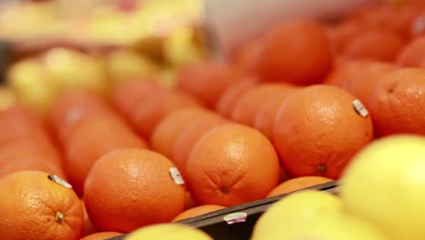 oranges and lemons neatly arranged in a supermarket with bright lighting and shallow depth of field