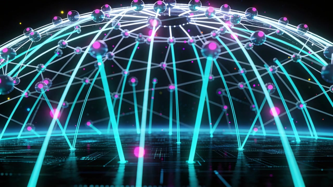 Animating semispherical network dome forming on circuit floor, pulsing cyan beams, magenta nodes