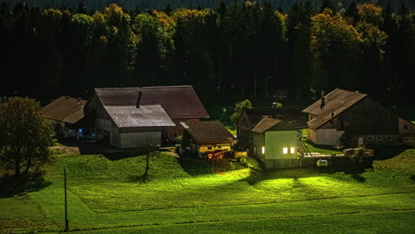 country houses in the foreground in the middle of the forest