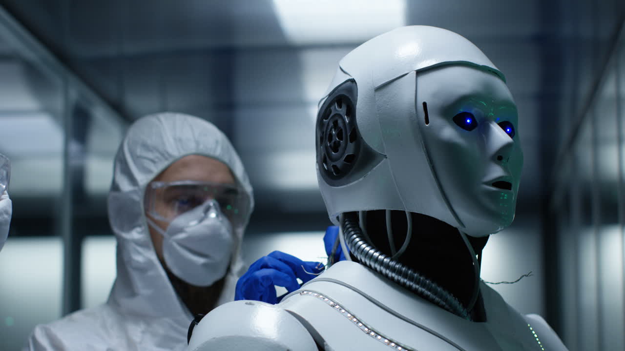 mantenimiento de robots en un laboratorio futurista