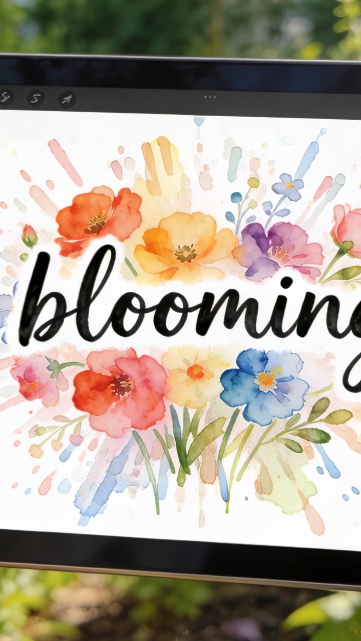 Vertical video: Tilting tablet revealing 'blooming' word, bezel icons, stems splatters in garden