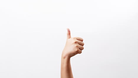 close up of woman's hands showing and making thumb up sign isolated on a white studio background with copy space for place a text, message for advertisement and product promotional