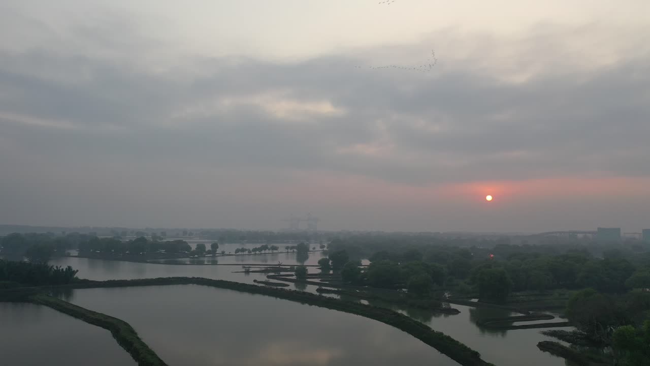 Sunrise over flooded farmland
