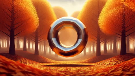 floating geometric ring in an autumn forest