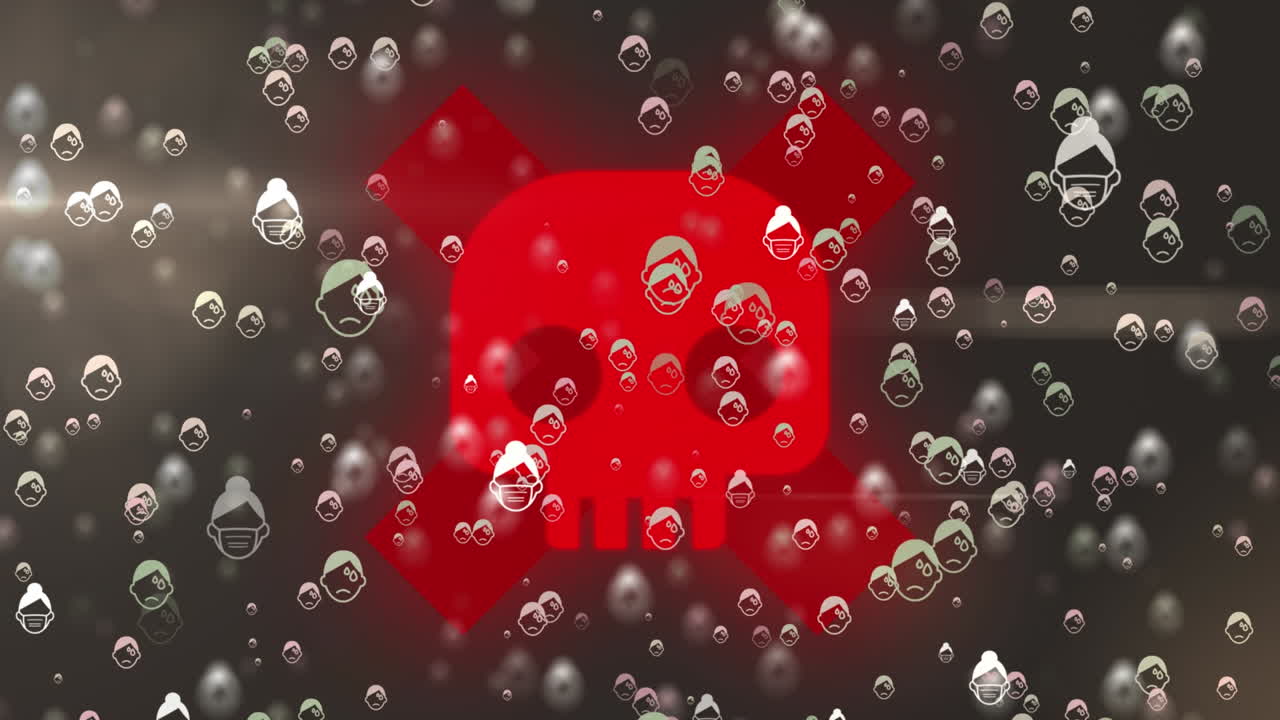 animación de múltiples iconos de covid 19 que caen sobre un signo de advertencia en un fondo negro