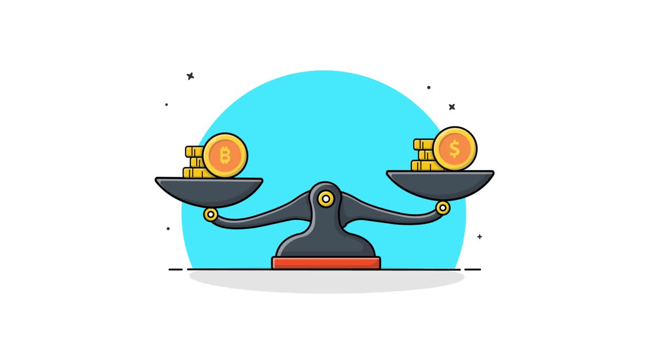 Animated Comparison of Bitcoin and Dollar Coins on a Weighing Scale