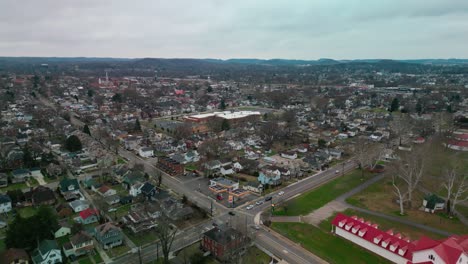 Aerial-view-of-Lancaster,-Ohio-fairgrounds-and-downtown,-Winter