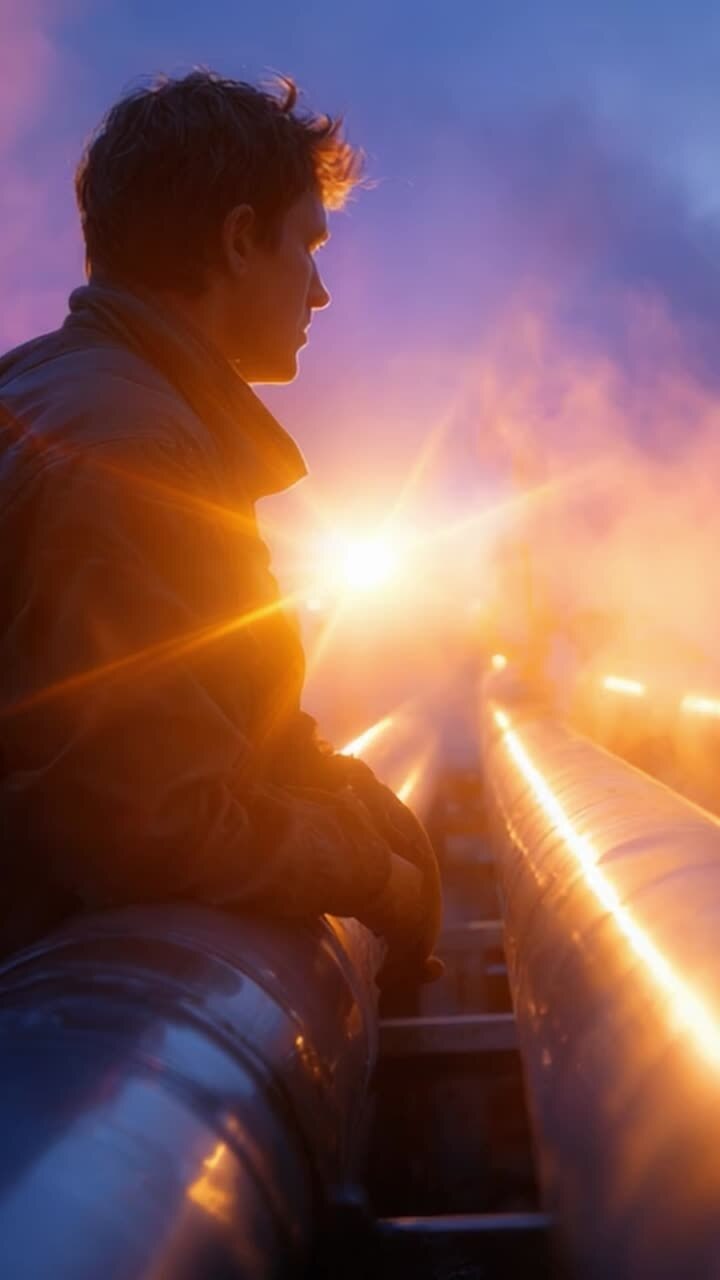 Figura contemplativa observa o horizonte ao nascer do sol, cercada por tubos iluminados e uma névoa suave, capturando um momento de reflexão e beleza industrial