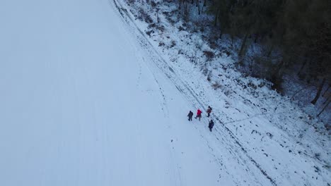 Aerial-drone-shot-over-locals-walking-on-the-outskirts-of-a-forest-covered-with-white-snow-on-a-cold-winter-day