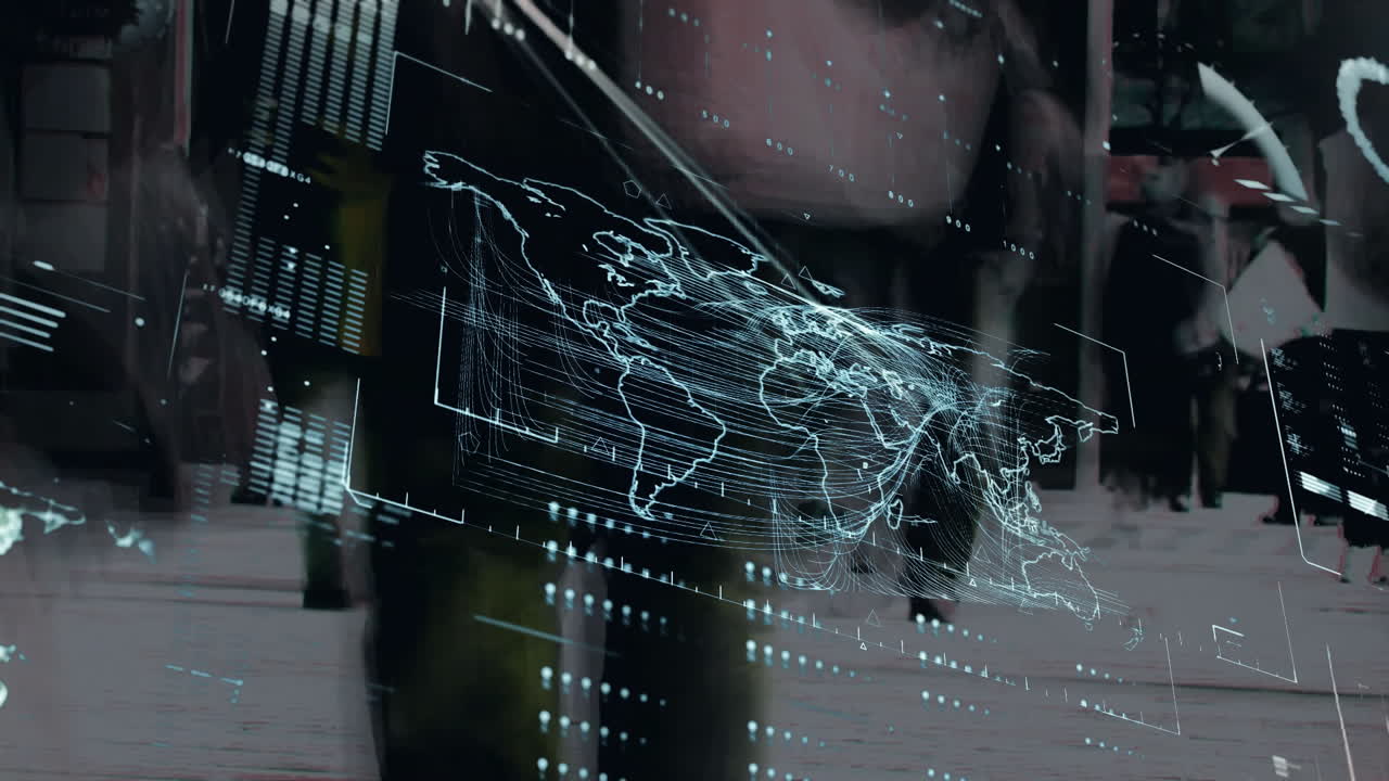 World map and data visualization animation over digital interface background