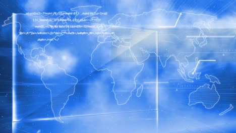 interfaz digital con procesamiento de datos sobre el mapa del mundo contra nubes en el cielo azul
