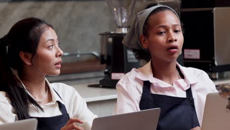 group schoolgirl studying hard to learn how to make espresso coffee at barista school. group student girls learning making coffee.