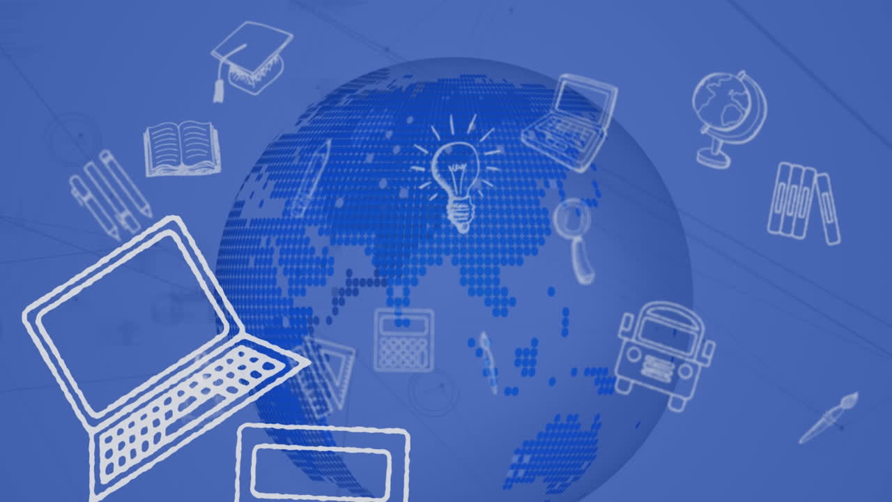 파란색 지구와 파란색 배경 위에 떠있는 학교 아이콘의 애니메이션