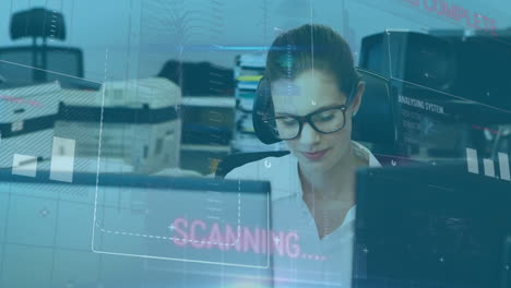 animation of financial data processing over businesswoman working in office